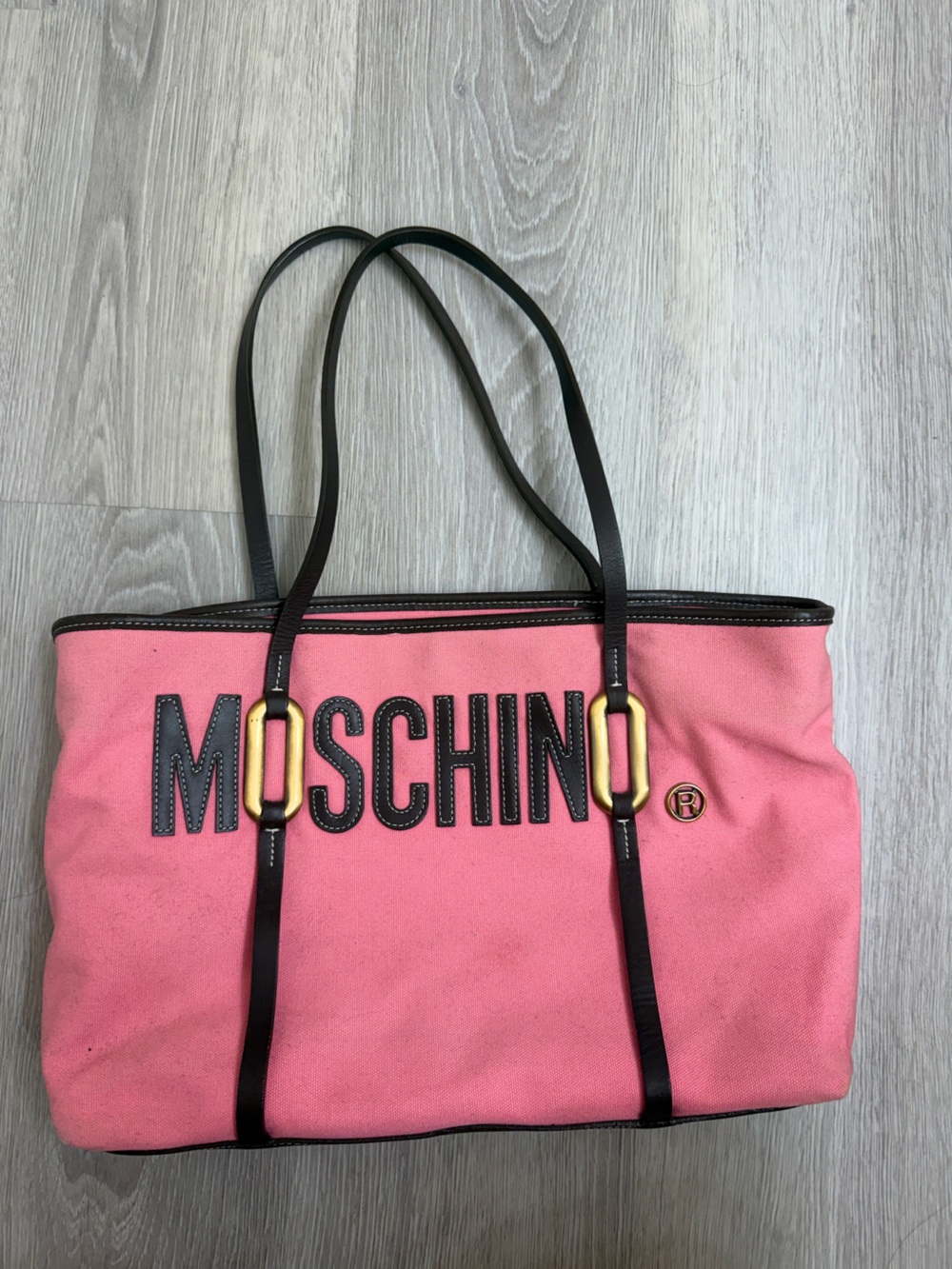 Moschino Pink Canvas Tote with Brown Straps and Gold Accents
